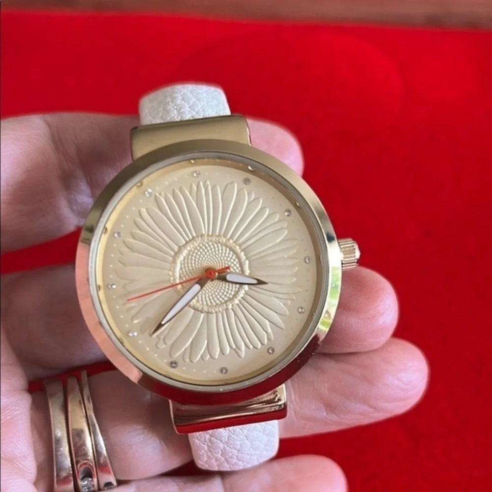 Chic Gold and Cream Embossed Sunflower Women's Cuff Watch